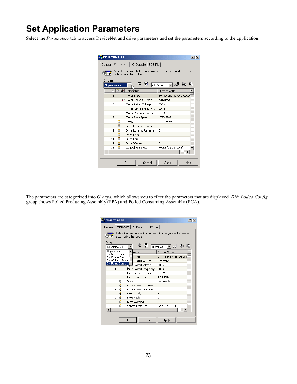 Set application parameters | Yaskawa DeviceNet Option Card CM059 User Manual | Page 23 / 70