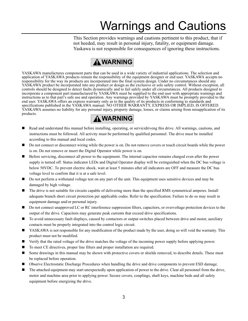 Warnings and cautions, Warning | Yaskawa DeviceNet Option Card CM059 User Manual | Page 3 / 70