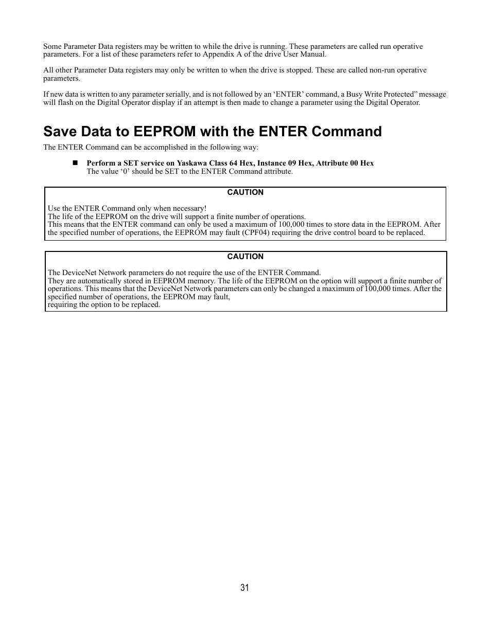 Save data to eeprom with the enter command | Yaskawa DeviceNet Option Card CM059 User Manual | Page 31 / 70