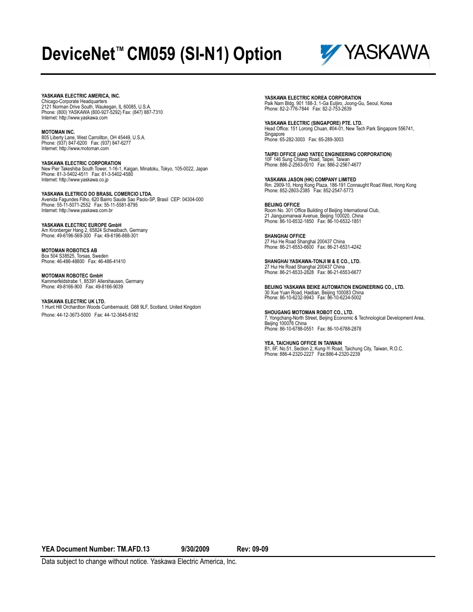 Devicenet, Cm059 (si-n1) option | Yaskawa DeviceNet Option Card CM059 User Manual | Page 70 / 70