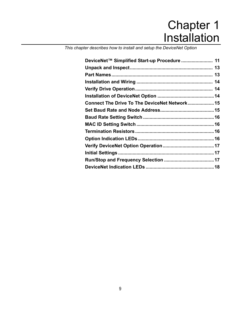 Chapter 1 installation | Yaskawa DeviceNet Option Card CM059 User Manual | Page 9 / 70