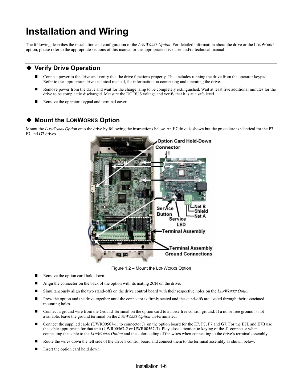 Installation and wiring, Verify drive operation, Mount the l | Option, Installation 1-6 | Yaskawa LonWorks Option Card CM048 User Manual | Page 12 / 50