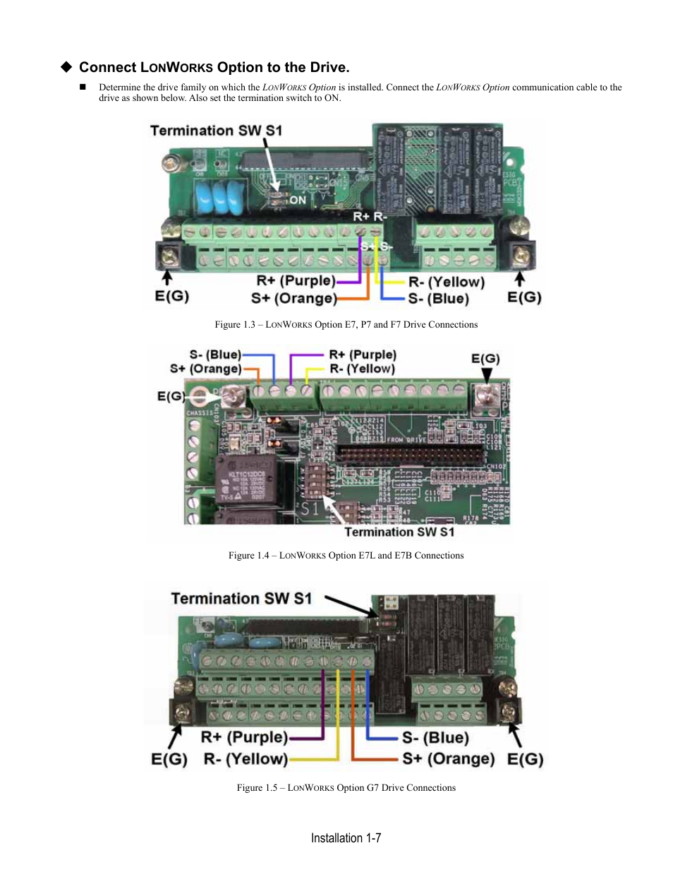 Connect l, Option to the drive, Installation 1-7 | Yaskawa LonWorks Option Card CM048 User Manual | Page 13 / 50