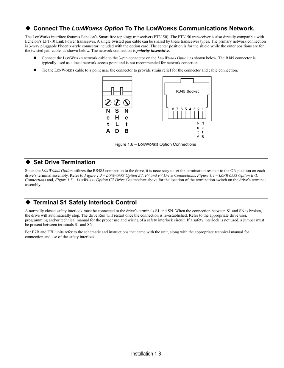 Connect the l, Option to the l, Communications network | Set drive termination, Terminal s1 safety interlock control, Installation 1-8 | Yaskawa LonWorks Option Card CM048 User Manual | Page 14 / 50