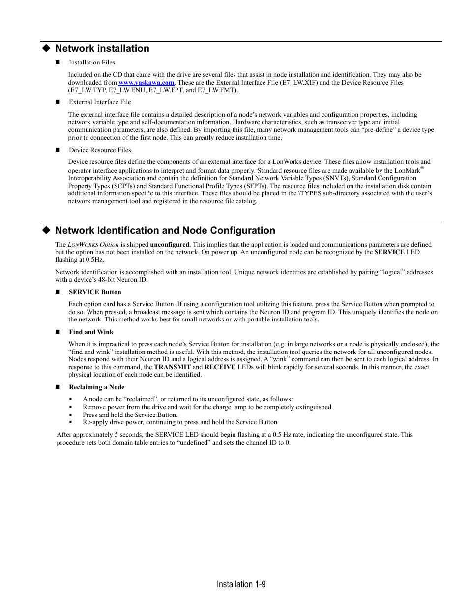 Network installation, Network identification and node configuration, Installation 1-9 | Yaskawa LonWorks Option Card CM048 User Manual | Page 15 / 50