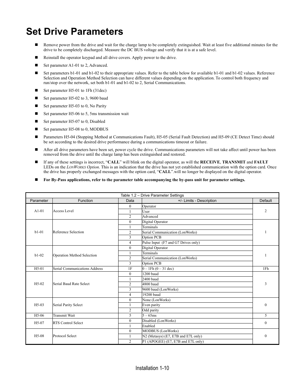 Set drive parameters, Installation 1-10 | Yaskawa LonWorks Option Card CM048 User Manual | Page 16 / 50
