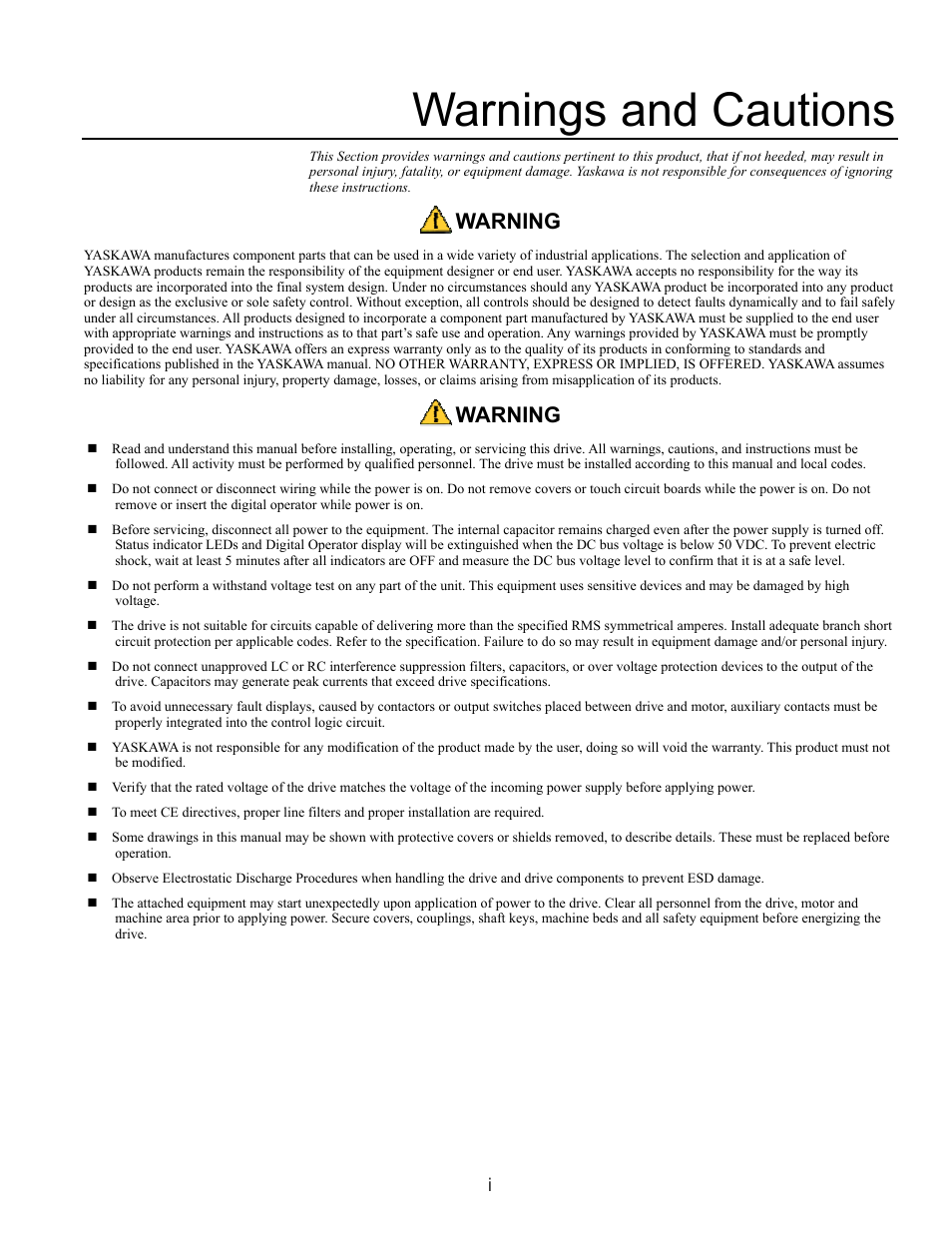 Warnings and cautions, Warning | Yaskawa LonWorks Option Card CM048 User Manual | Page 3 / 50