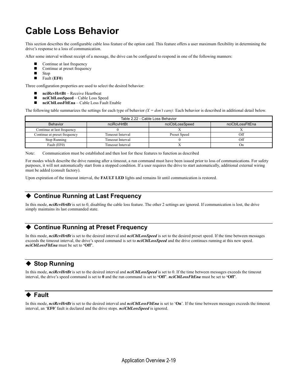 Cable loss behavior, Continue running at last frequency, Continue running at preset frequency | Stop running, Fault, Application overview 2-19 | Yaskawa LonWorks Option Card CM048 User Manual | Page 37 / 50