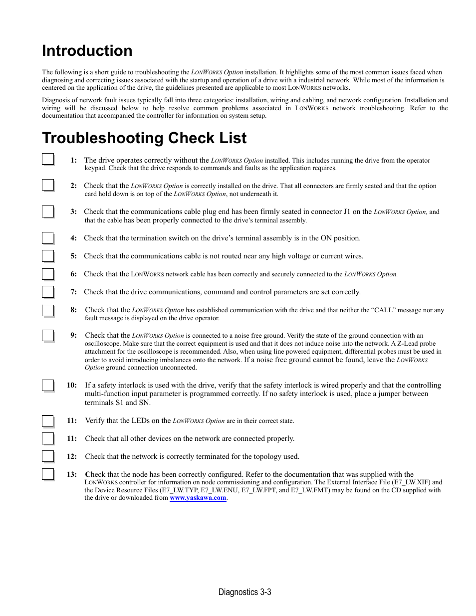 Introduction, Troubleshooting check list, Diagnostics 3-3 | Yaskawa LonWorks Option Card CM048 User Manual | Page 41 / 50