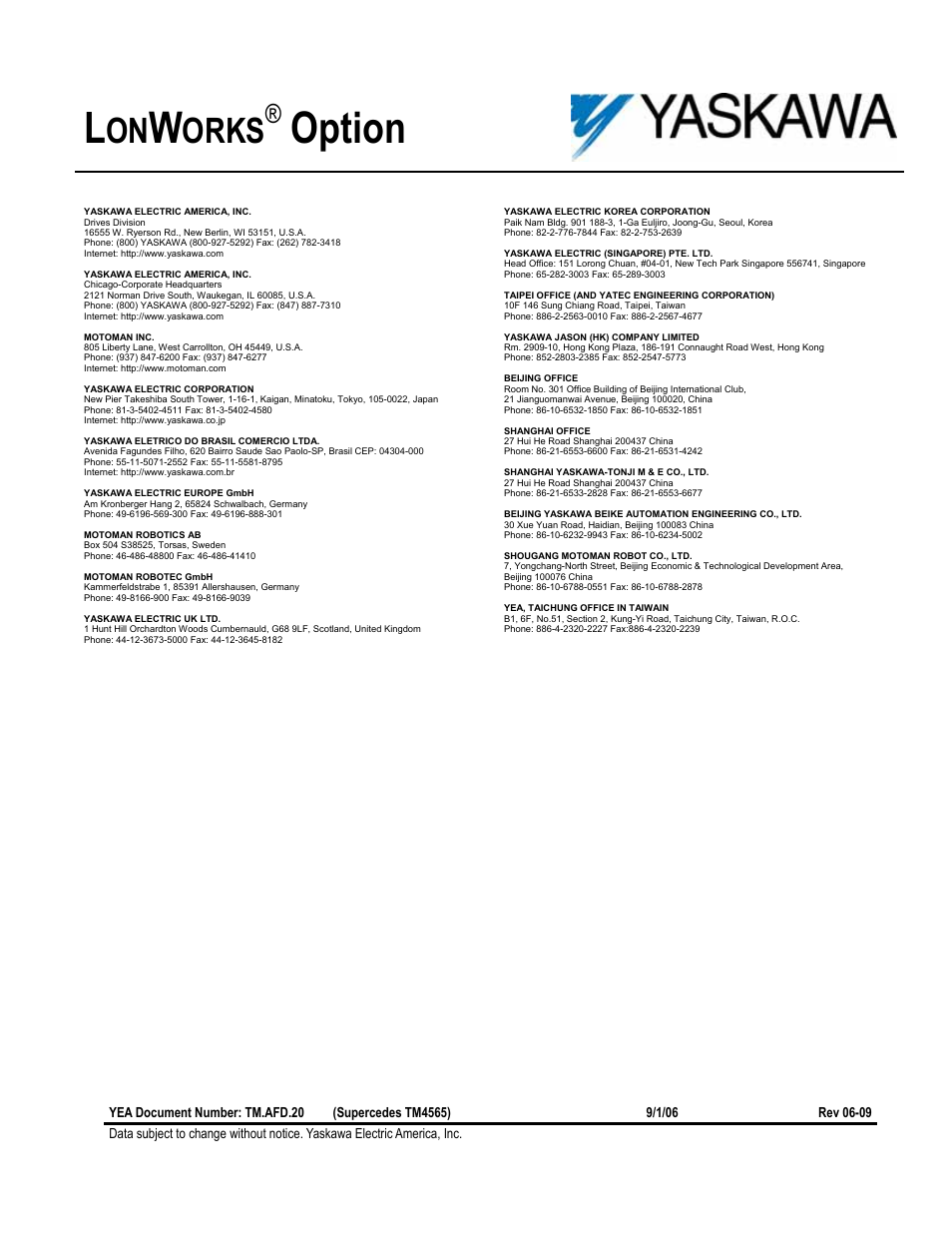 Option, Orks | Yaskawa LonWorks Option Card CM048 User Manual | Page 50 / 50