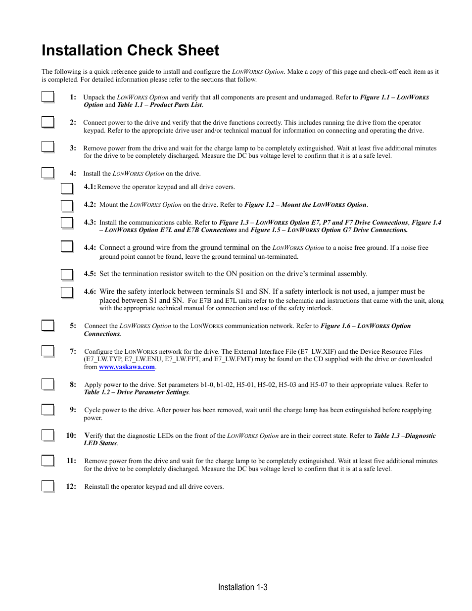 Installation check sheet, Installation 1-3 | Yaskawa LonWorks Option Card CM048 User Manual | Page 9 / 50