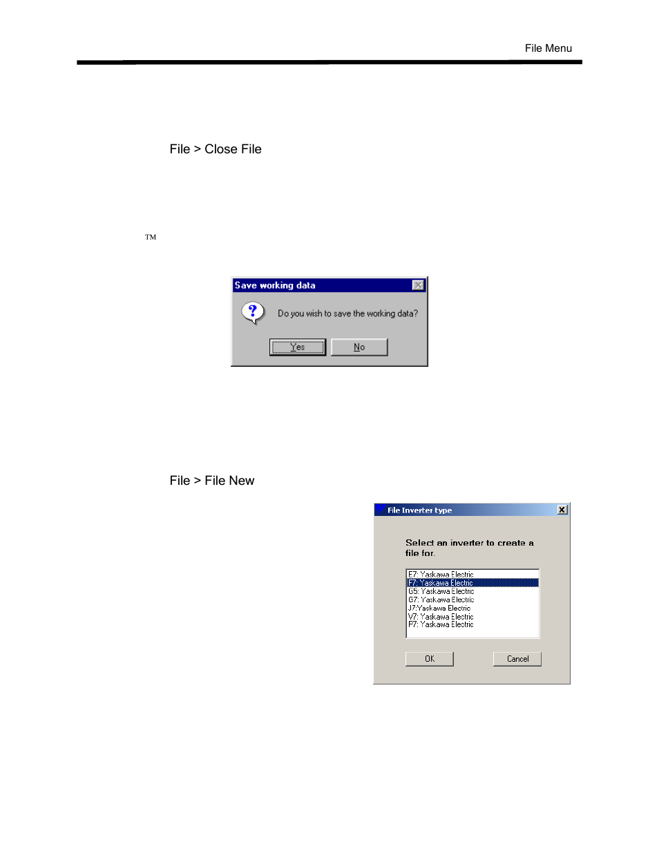 Close file, File new | Yaskawa DriveWizard AC Drive User Manual | Page 40 / 154