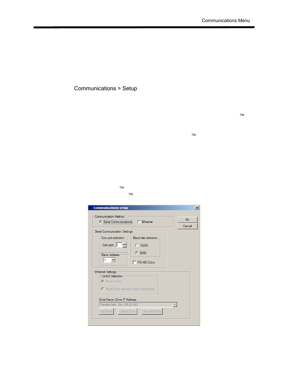 Communications menu, Setup | Yaskawa DriveWizard AC Drive User Manual | Page 53 / 154