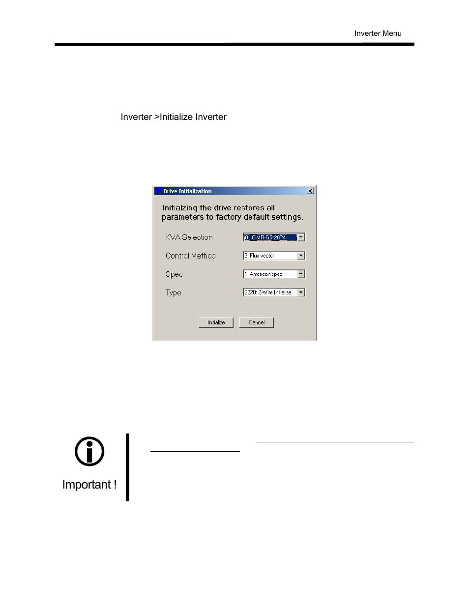 Initialize inverter | Yaskawa DriveWizard AC Drive User Manual | Page 73 / 154