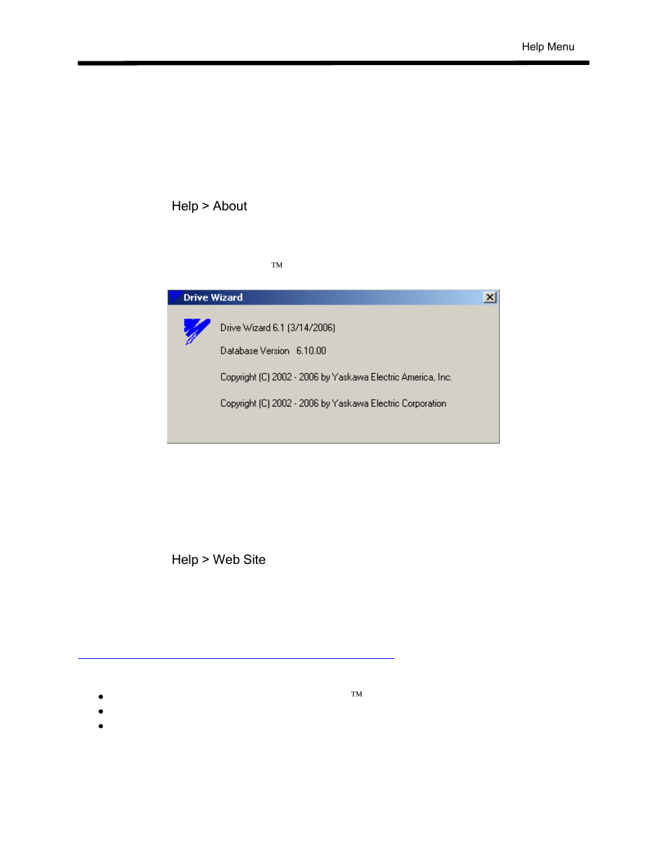 Help menu, About, Web site | Yaskawa DriveWizard AC Drive User Manual | Page 82 / 154