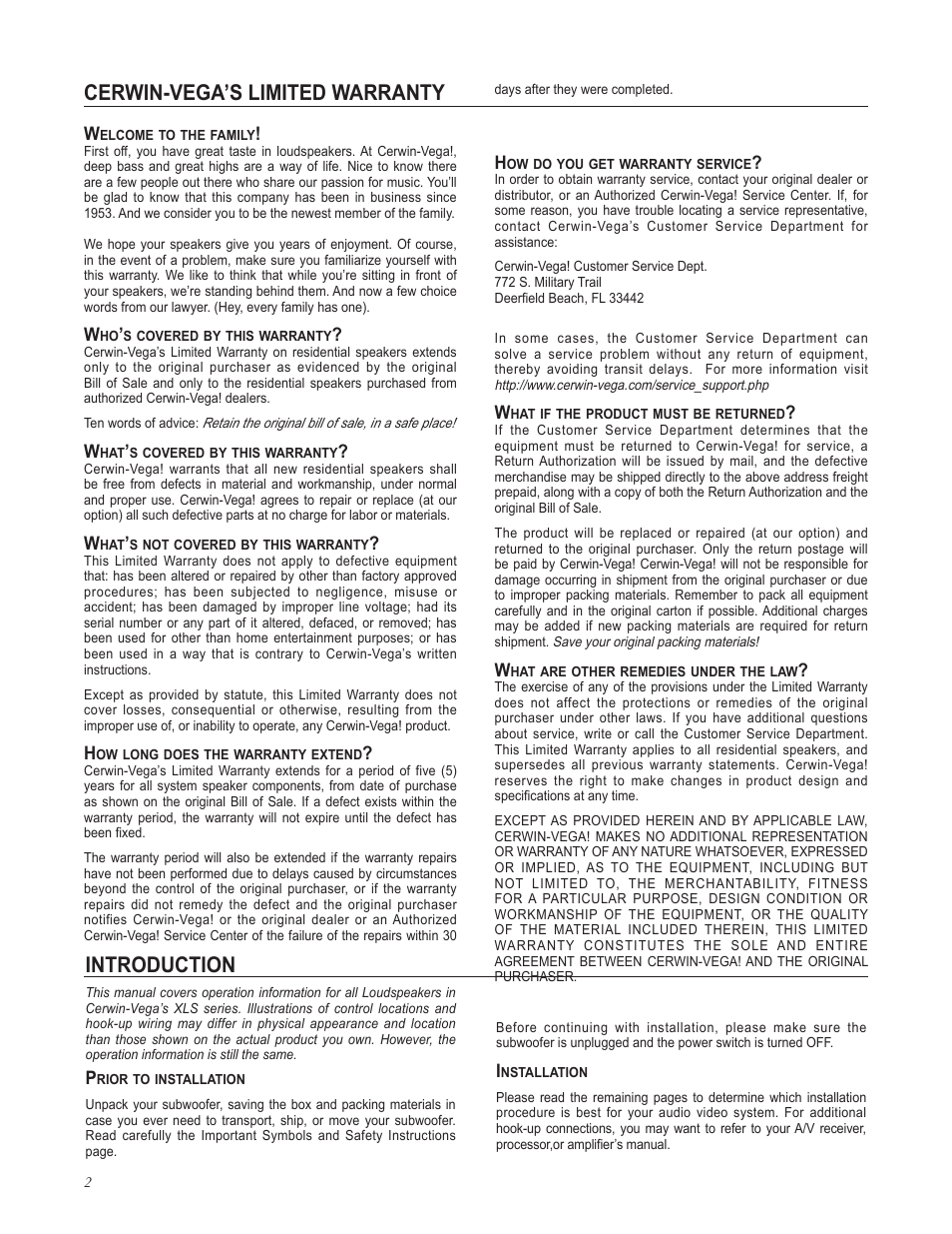 Cerwin-vega’s limited warranty, Introduction | Cerwin-Vega XLS User Manual | Page 2 / 8