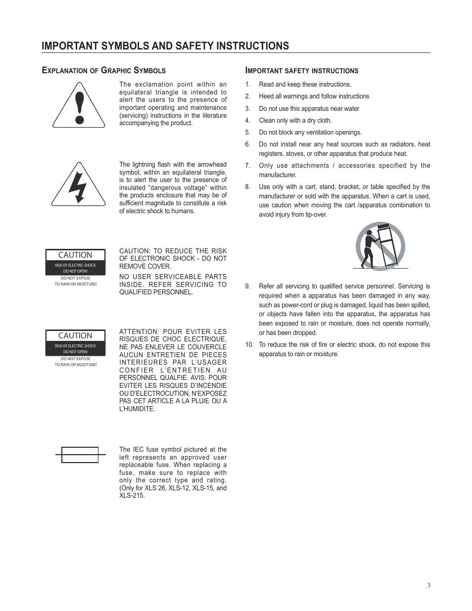 Important symbols and safety instructions | Cerwin-Vega XLS User Manual | Page 3 / 8