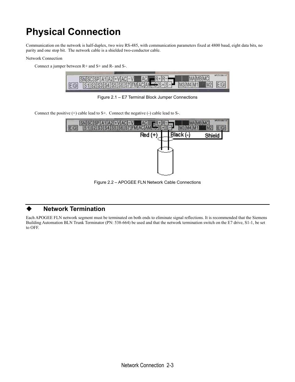 Physical connection, Network termination | Yaskawa E7 Apogee FLN User Manual | Page 17 / 57