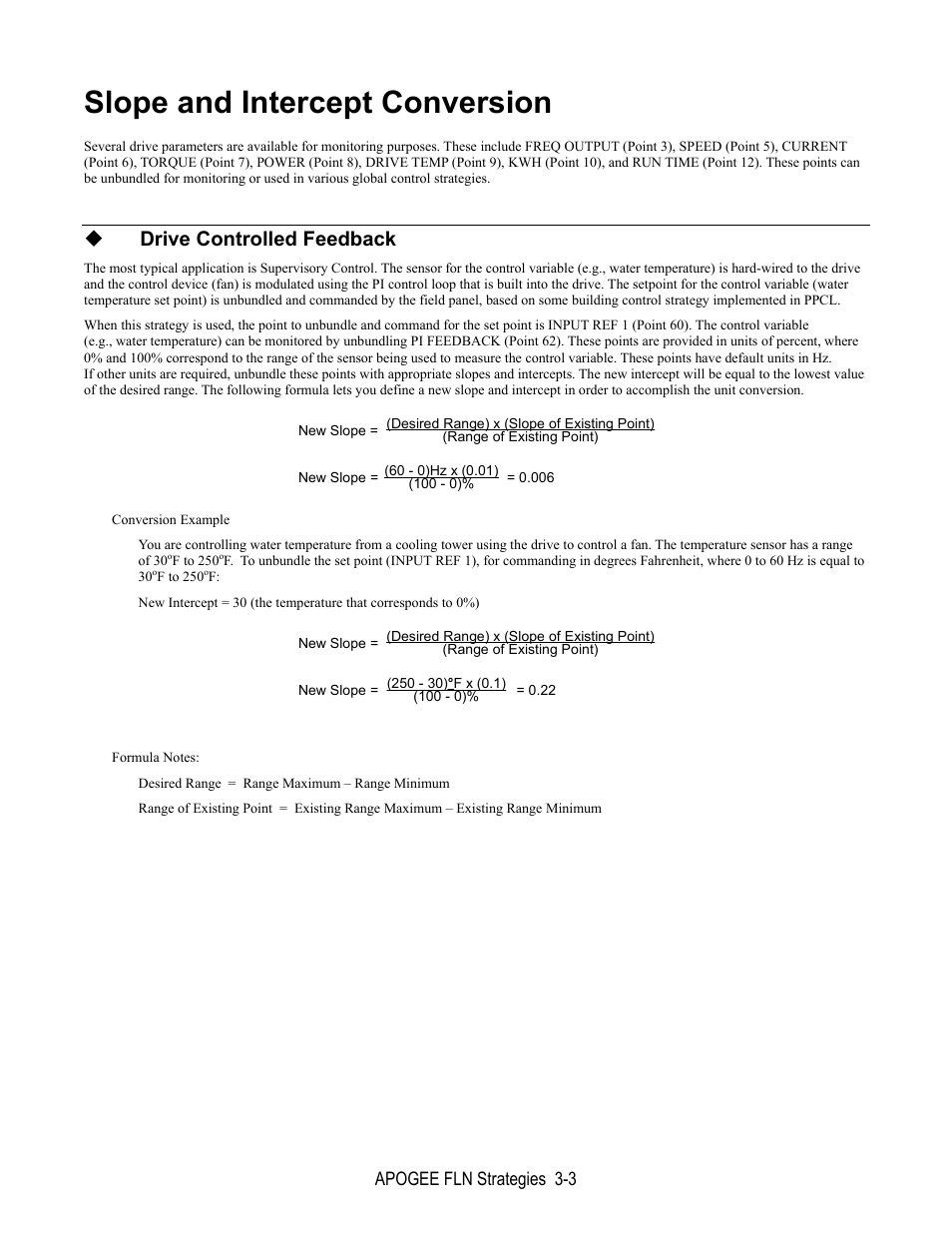 Slope & intercept conversion, Slope and intercept conversion, Drive controlled feedback | Apogee fln strategies 3-3 | Yaskawa E7 Apogee FLN User Manual | Page 21 / 57