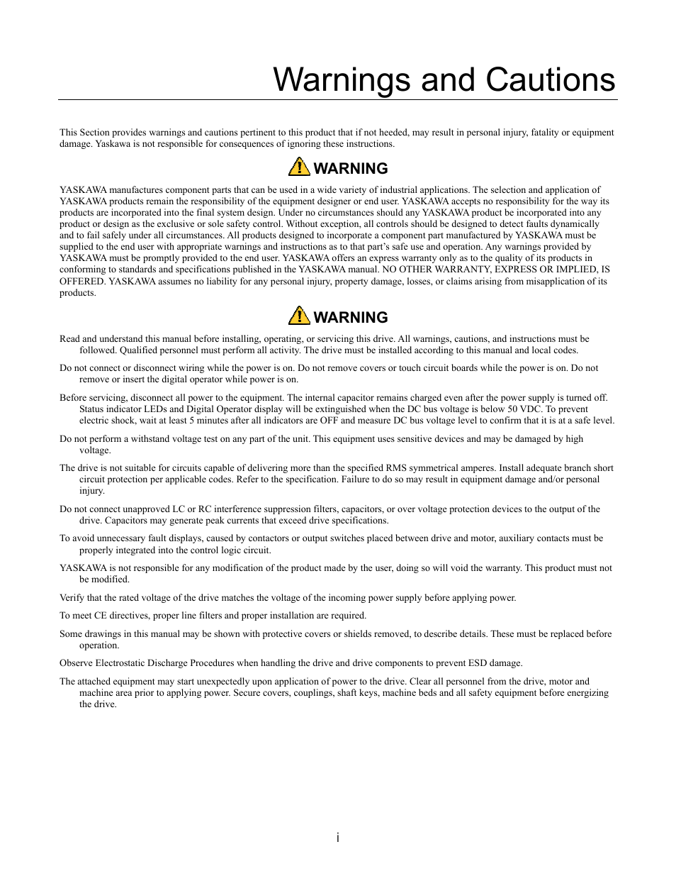 Warnings & cautions, Warnings and cautions, Warning | Yaskawa E7 Apogee FLN User Manual | Page 3 / 57