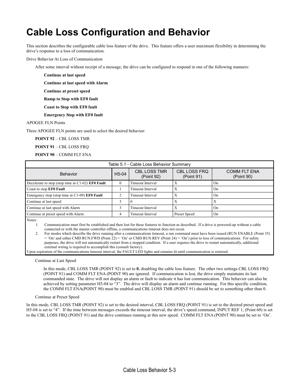 Cable loss configuration & behavior, Cable loss configuration and behavior, Cable loss behavior 5-3 | Yaskawa E7 Apogee FLN User Manual | Page 35 / 57