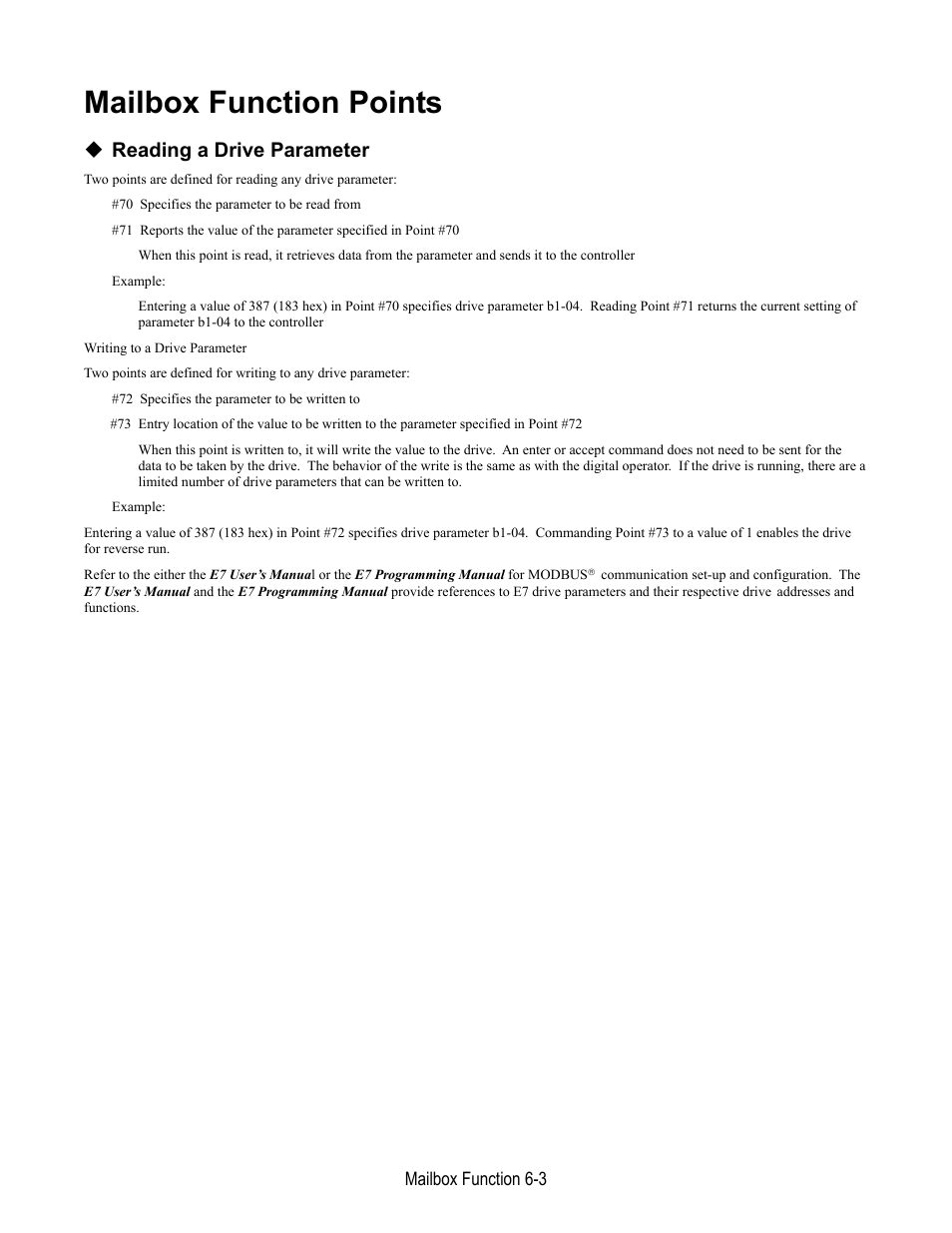 Mailbox function points, Reading a drive parameter | Yaskawa E7 Apogee FLN User Manual | Page 39 / 57