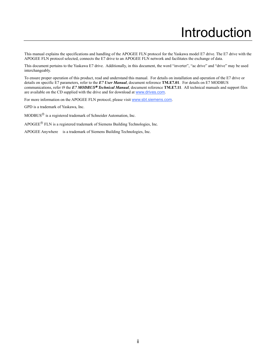 Introduction | Yaskawa E7 Apogee FLN User Manual | Page 4 / 57