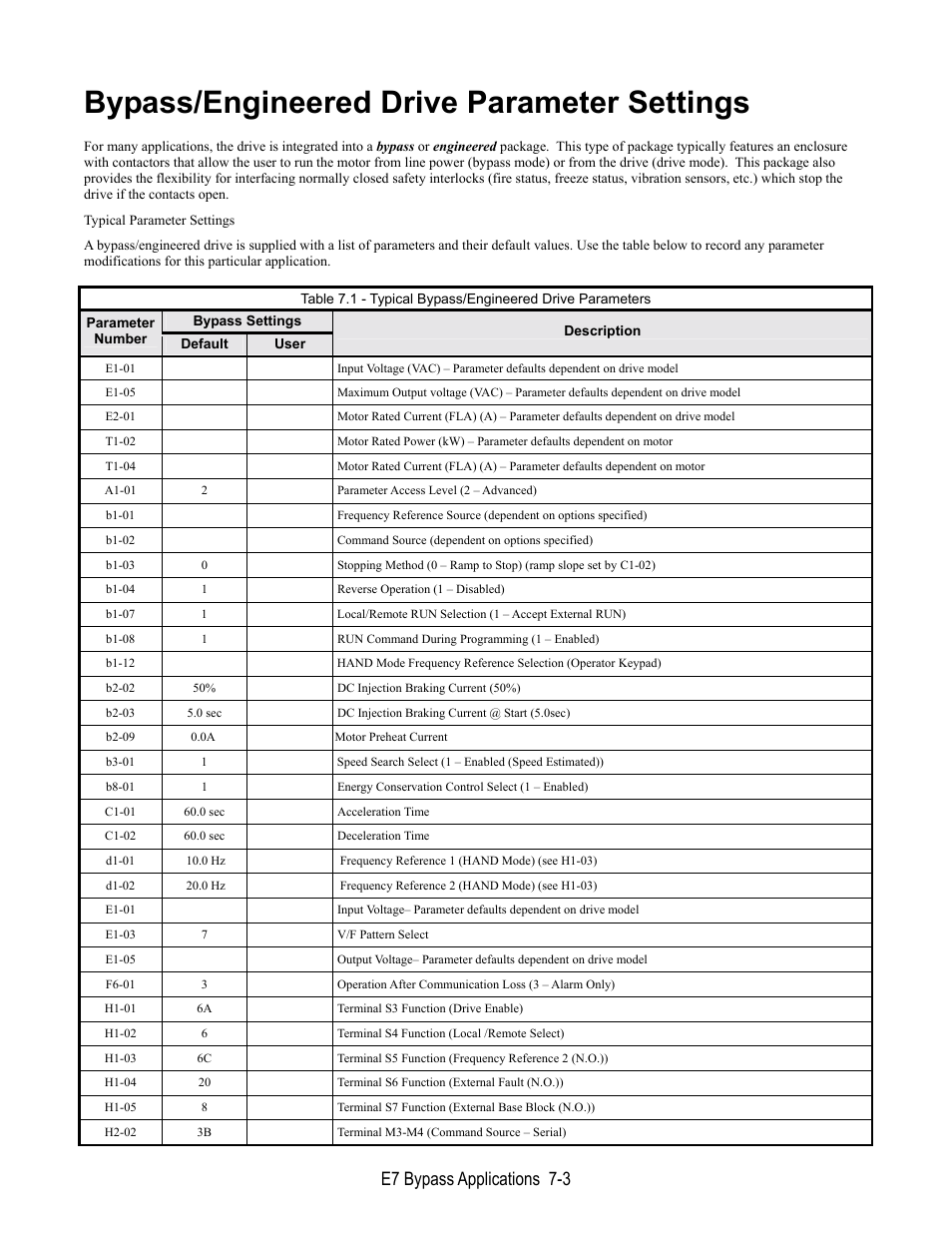 Bypass/engineered drive parameter settings, E7 bypass applications 7-3 | Yaskawa E7 Apogee FLN User Manual | Page 43 / 57