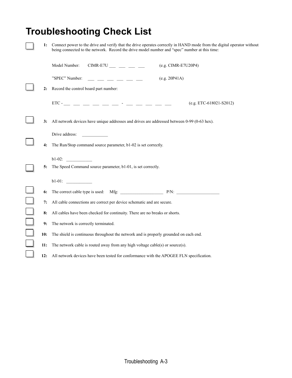 Troubleshooting check list, Troubleshooting a-3 | Yaskawa E7 Apogee FLN User Manual | Page 47 / 57