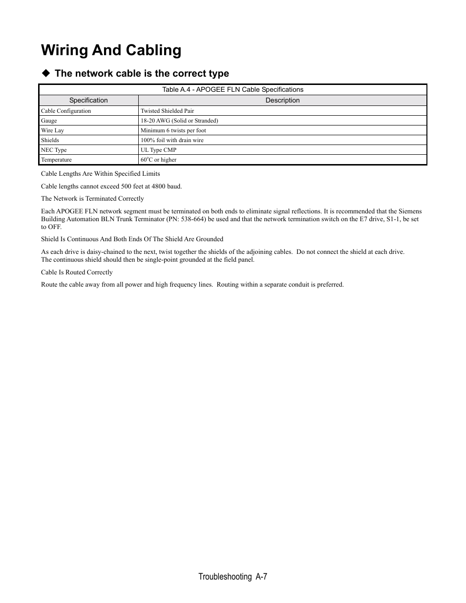 Wiring & cabling, Wiring and cabling, The network cable is the correct type | Troubleshooting a-7 | Yaskawa E7 Apogee FLN User Manual | Page 51 / 57