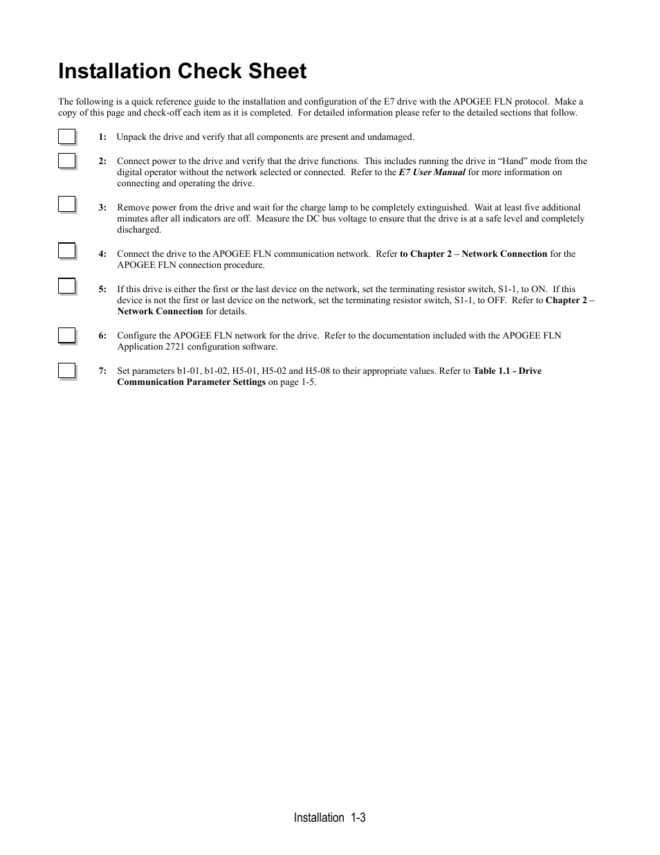 Installation check sheet | Yaskawa E7 Apogee FLN User Manual | Page 9 / 57