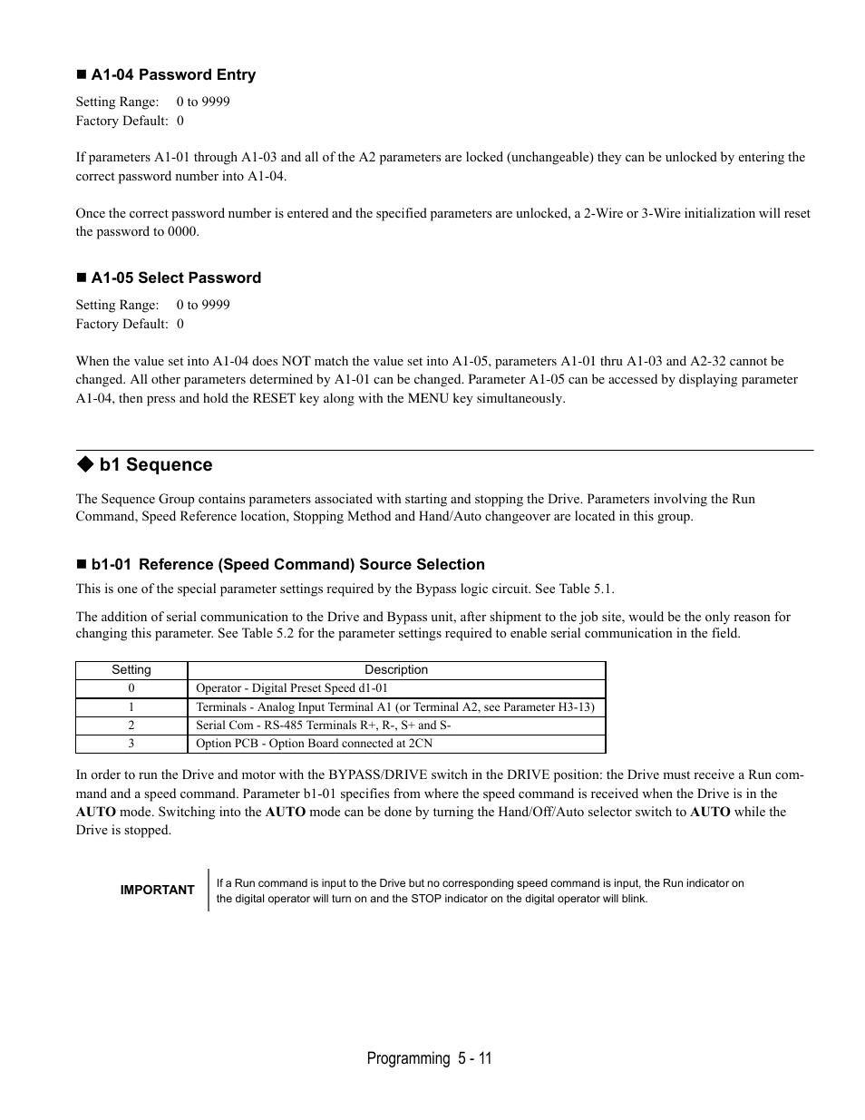 A1-04 password entry, A1-05 select password, B1 sequence | B1-01 reference (speed command) source selection | Yaskawa E7B Drive Bypass User Manual | Page 105 / 306