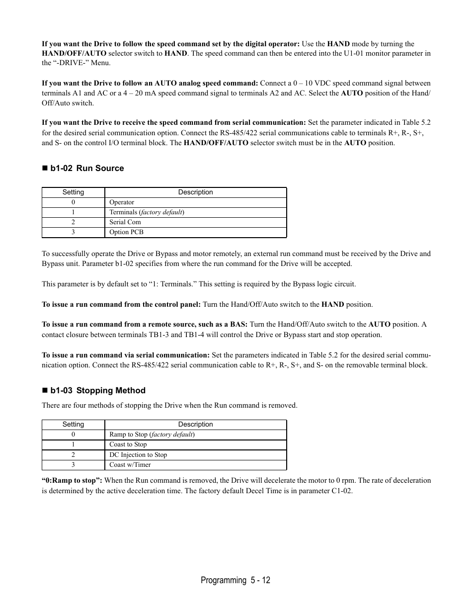 B1-02 run source, B1-03 stopping method | Yaskawa E7B Drive Bypass User Manual | Page 106 / 306