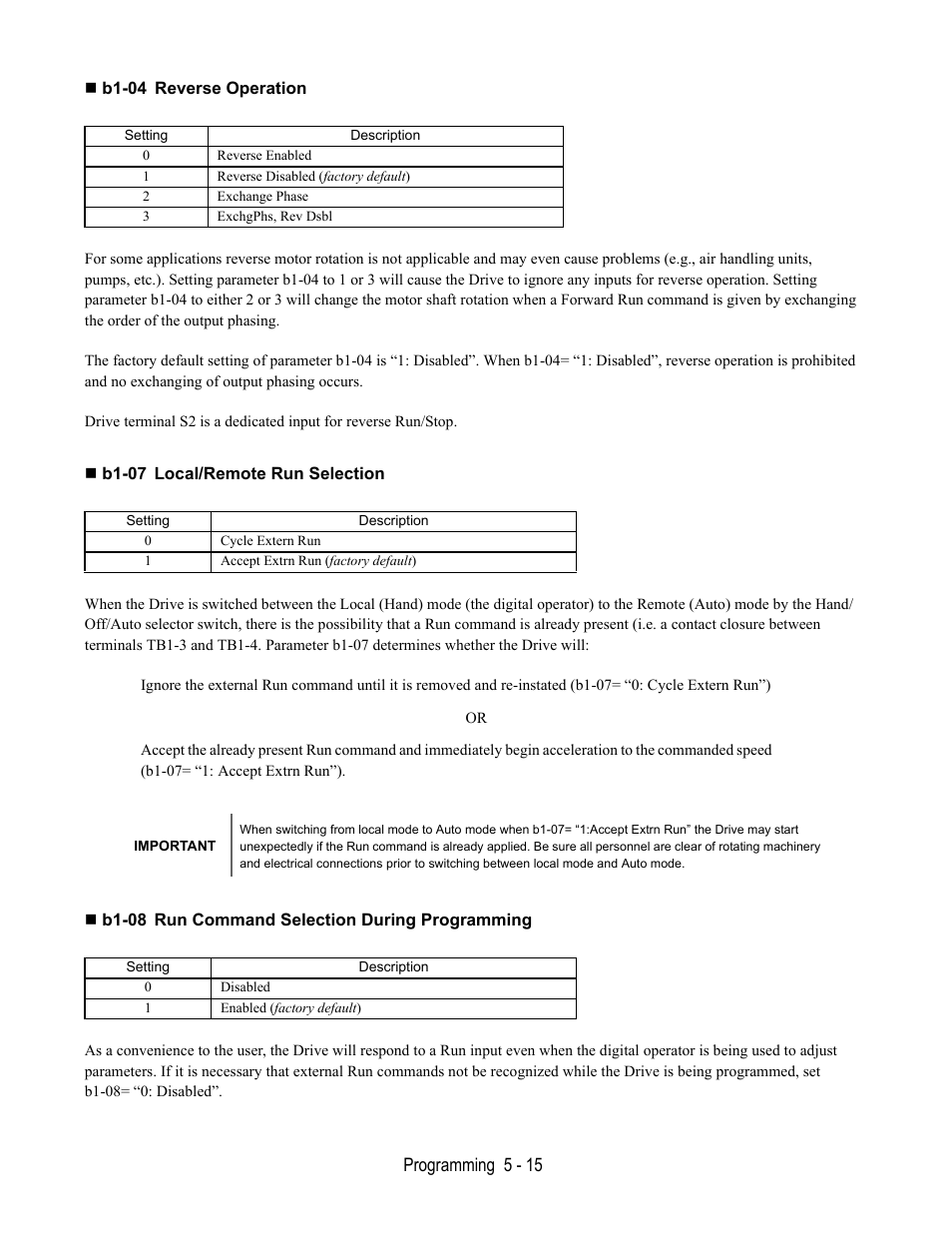 B1-04 reverse operation, B1-07 local/remote run selection, B1-08 run command selection during programming | Yaskawa E7B Drive Bypass User Manual | Page 109 / 306
