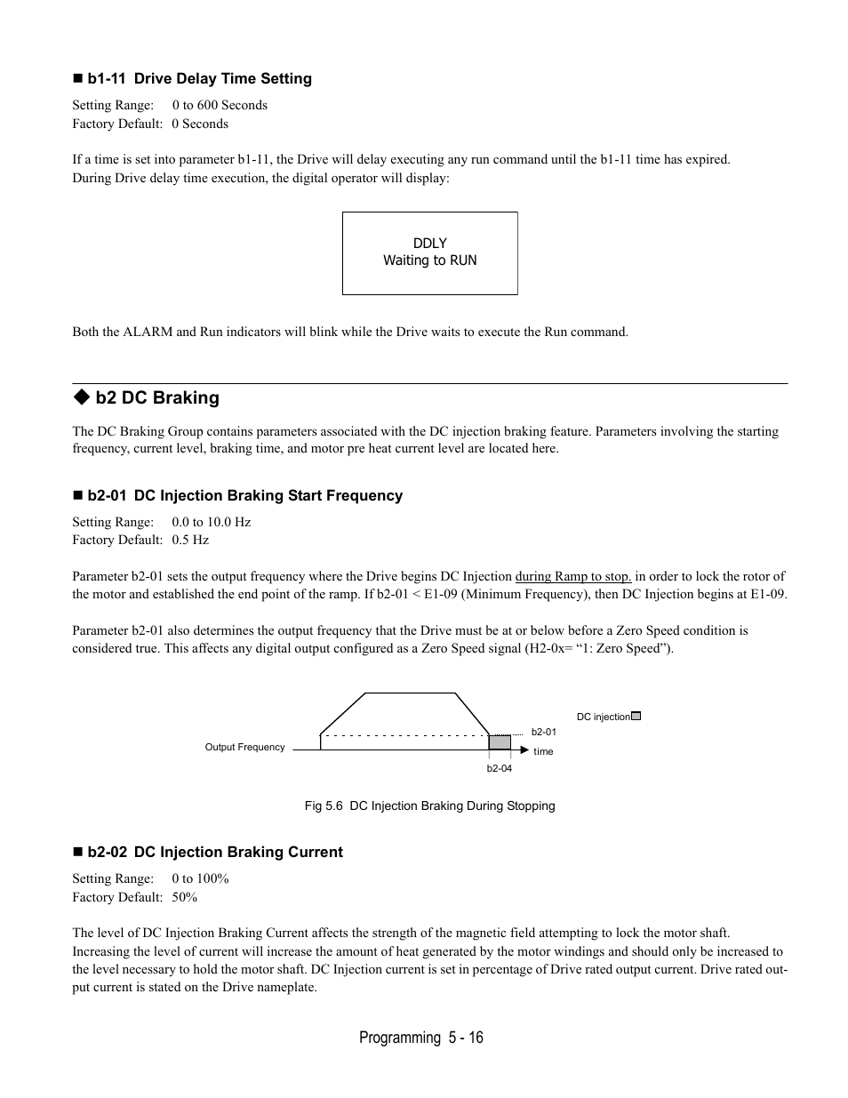 B1-11 drive delay time setting, B2 dc braking, B2-01 dc injection braking start frequency | Fig 5.6 dc injection braking during stopping, B2-02 dc injection braking current | Yaskawa E7B Drive Bypass User Manual | Page 110 / 306
