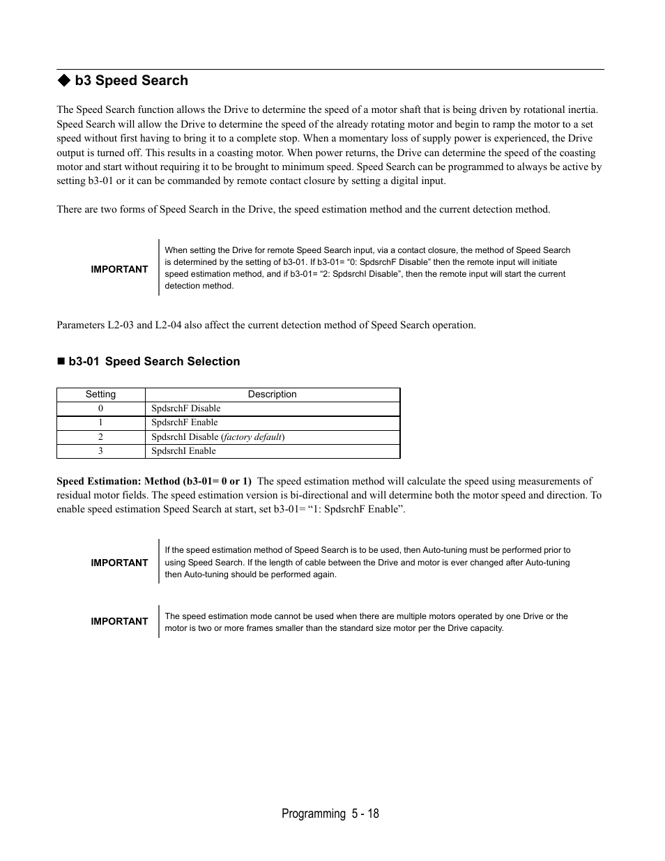 B3 speed search, B3-01 speed search selection, Programming 5 - 18 | Yaskawa E7B Drive Bypass User Manual | Page 112 / 306