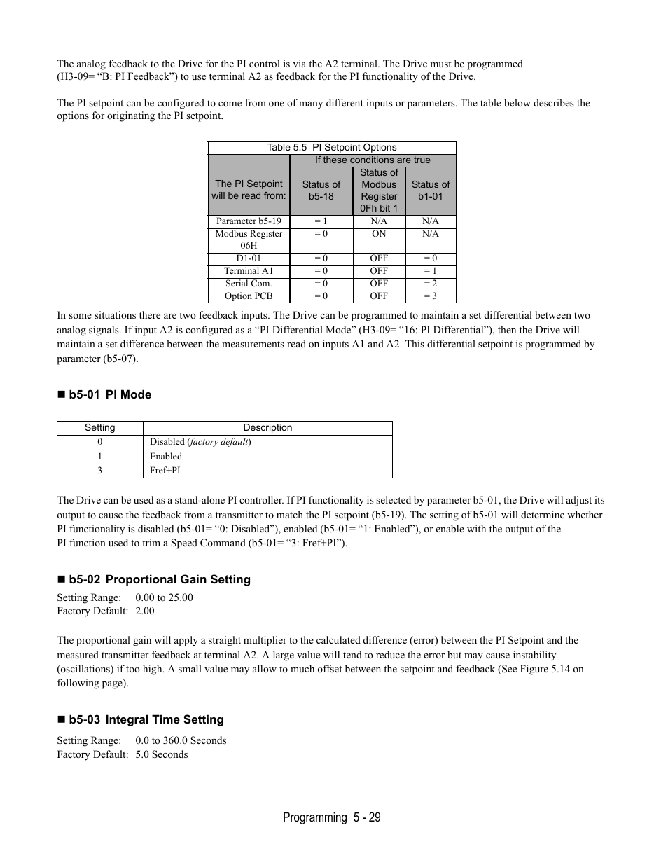B5-01 pi mode, B5-02 proportional gain setting, B5-03 integral time setting | Programming 5 - 29 | Yaskawa E7B Drive Bypass User Manual | Page 123 / 306