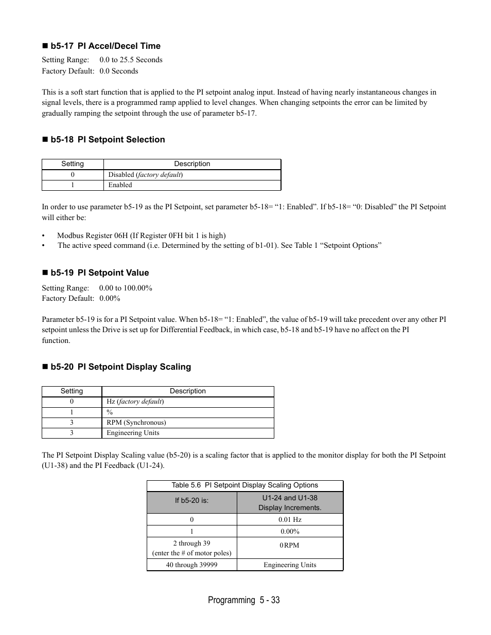 B5-17 pi accel/decel time, B5-18 pi setpoint selection, B5-19 pi setpoint value | B5-20 pi setpoint display scaling | Yaskawa E7B Drive Bypass User Manual | Page 127 / 306