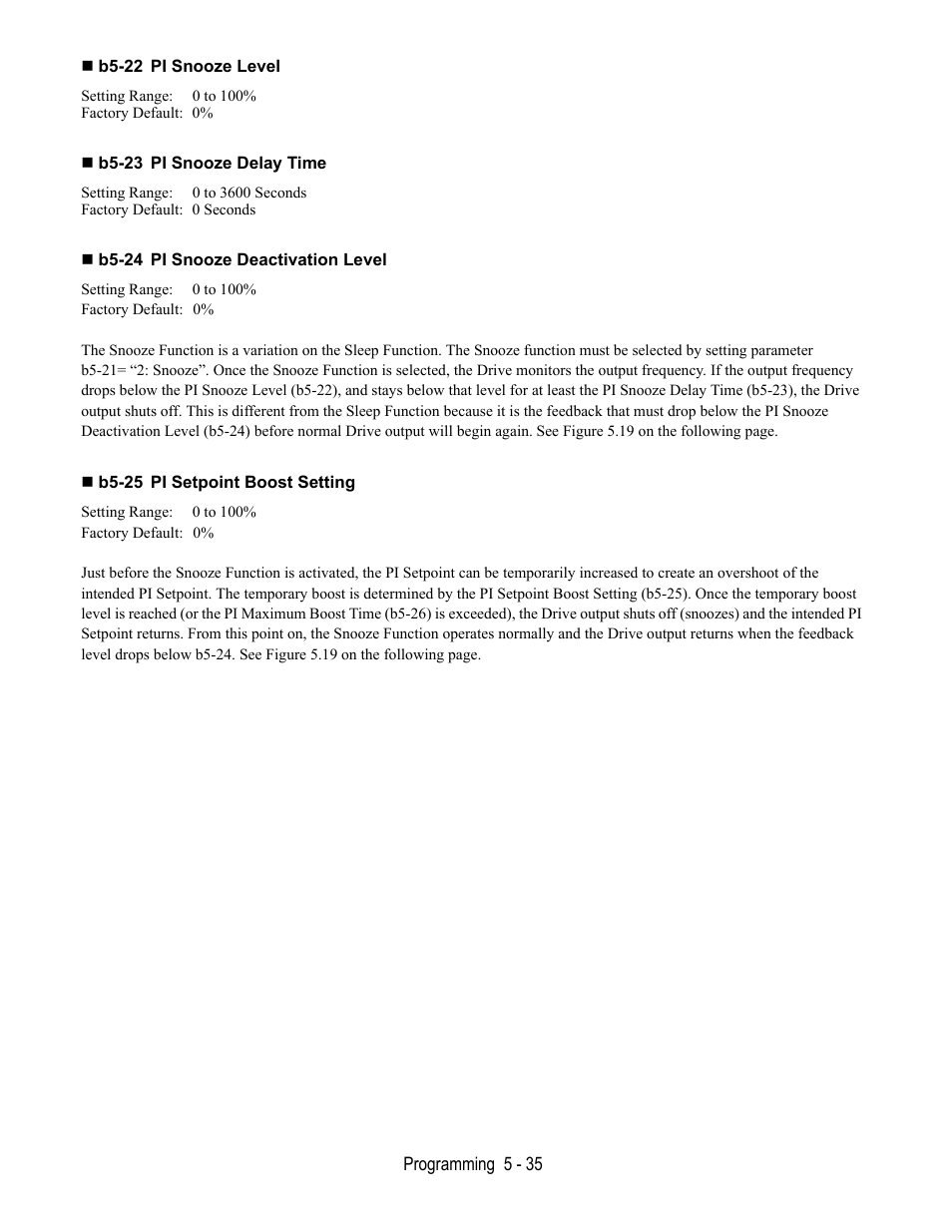 B5-22 pi snooze level, B5-23 pi snooze delay time, B5-24 pi snooze deactivation level | B5-25 pi setpoint boost setting | Yaskawa E7B Drive Bypass User Manual | Page 129 / 306