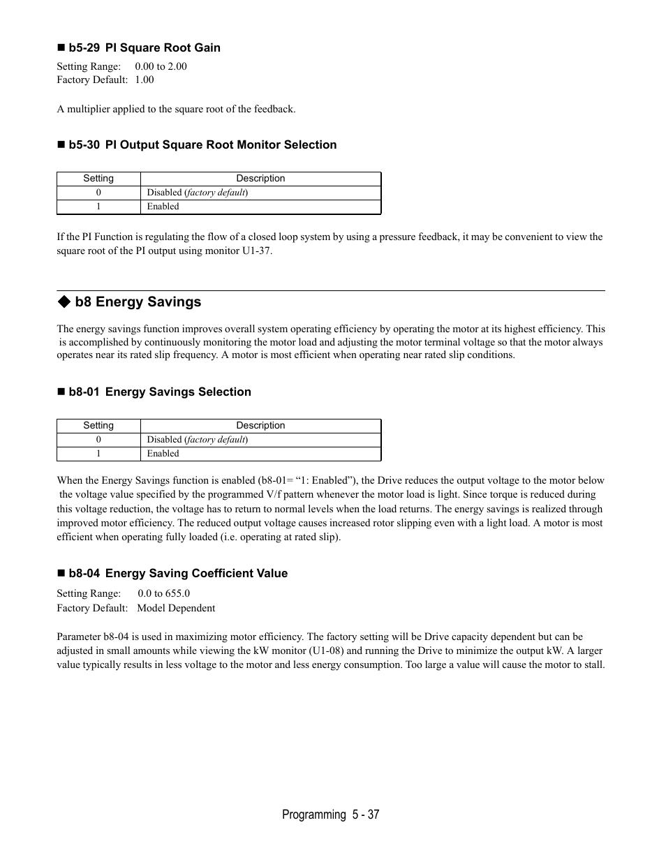 B5-29 pi square root gain, B5-30 pi output square root monitor selection, B8 energy savings | B8-01 energy savings selection, B8-04 energy saving coefficient value | Yaskawa E7B Drive Bypass User Manual | Page 131 / 306