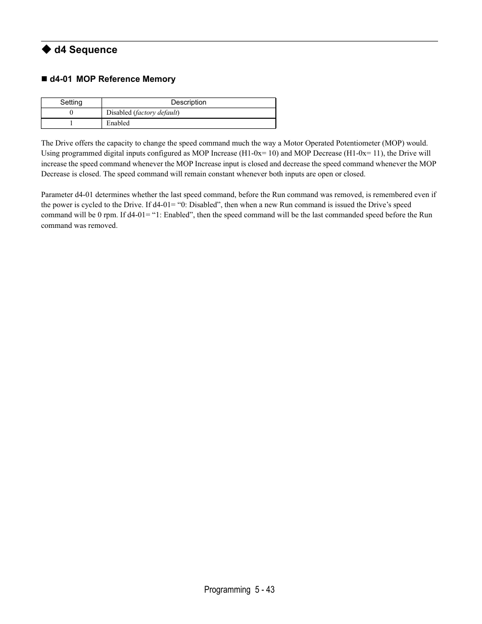 D4 sequence, D4-01 mop reference memory | Yaskawa E7B Drive Bypass User Manual | Page 137 / 306