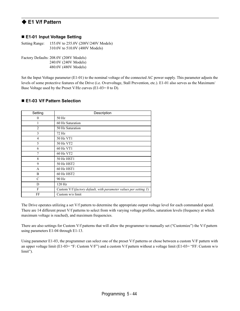 E1 v/f pattern, E1-01 input voltage setting, E1-03 v/f pattern selection | Programming 5 - 44 | Yaskawa E7B Drive Bypass User Manual | Page 138 / 306