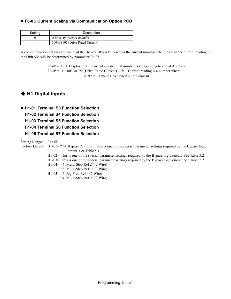 F6-05 current scaling via communication option pcb, H1 digital inputs, H1-01 terminal s3 function selection | Yaskawa E7B Drive Bypass User Manual | Page 146 / 306
