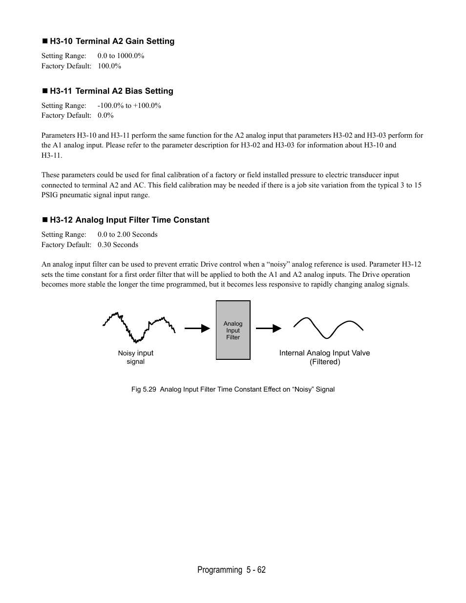 H3-10 terminal a2 gain setting, H3-11 terminal a2 bias setting, H3-12 analog input filter time constant | Yaskawa E7B Drive Bypass User Manual | Page 156 / 306