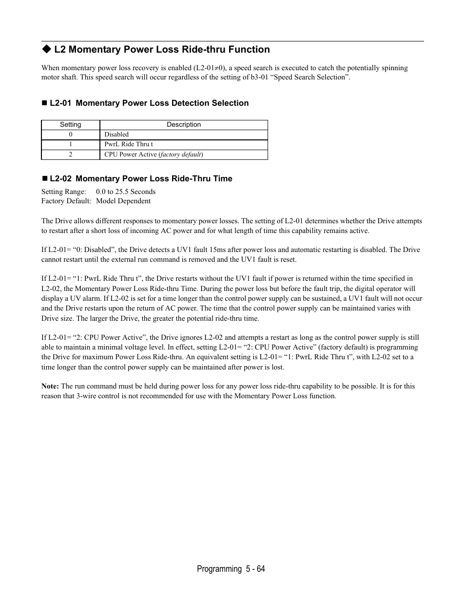 L2 momentary power loss ride-thru function, L2-01 momentary power loss detection selection, L2-02 momentary power loss ride-thru time | Yaskawa E7B Drive Bypass User Manual | Page 158 / 306
