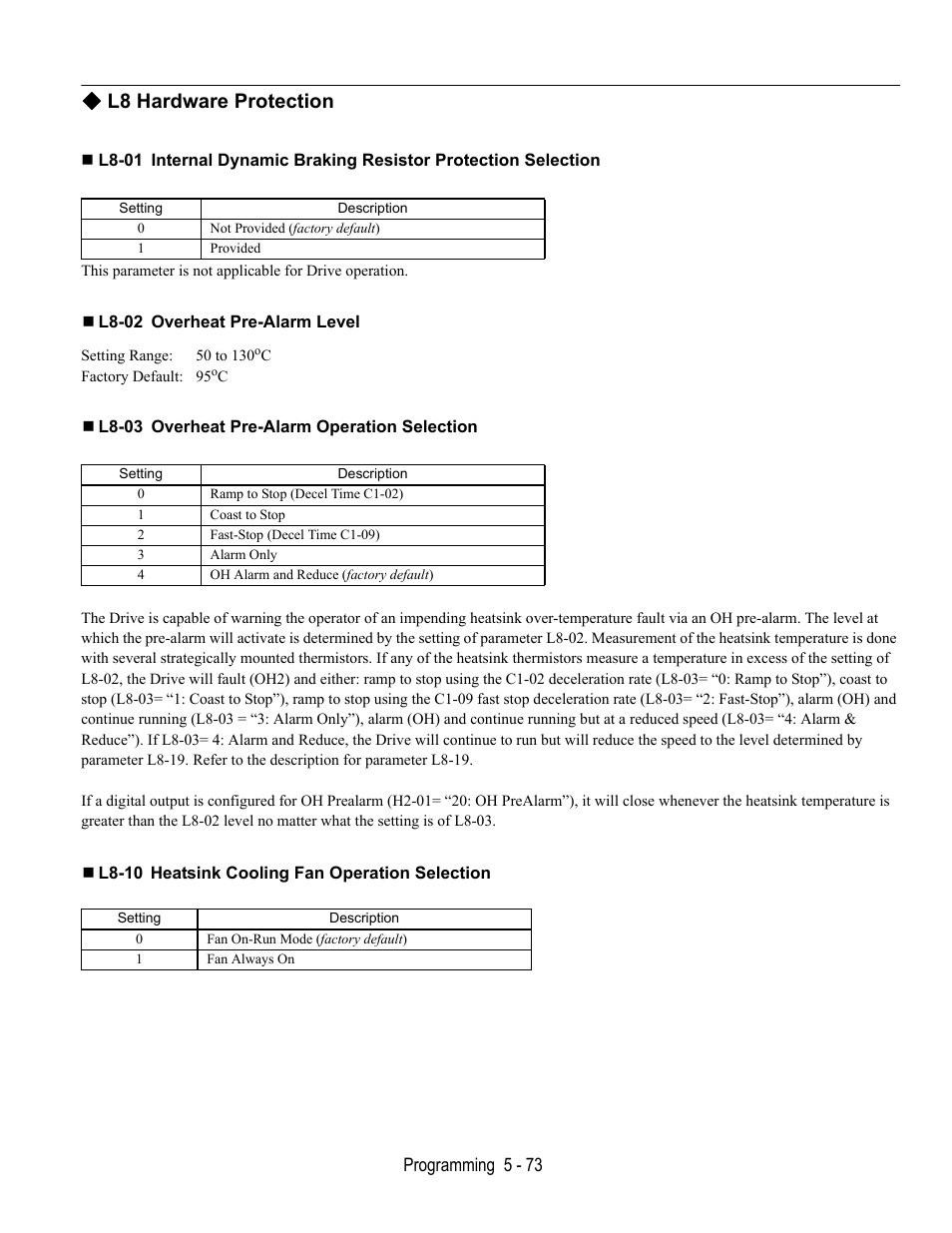 L8 hardware protection, L8-02 overheat pre-alarm level, L8-03 overheat pre-alarm operation selection | L8-10 heatsink cooling fan operation selection | Yaskawa E7B Drive Bypass User Manual | Page 167 / 306
