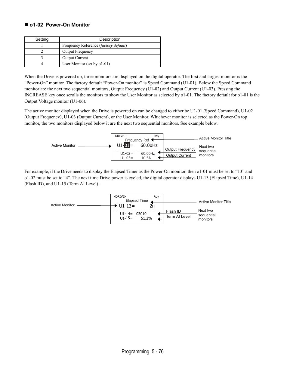 O1-02 power-on monitor, Programming 5 - 76 | Yaskawa E7B Drive Bypass User Manual | Page 170 / 306