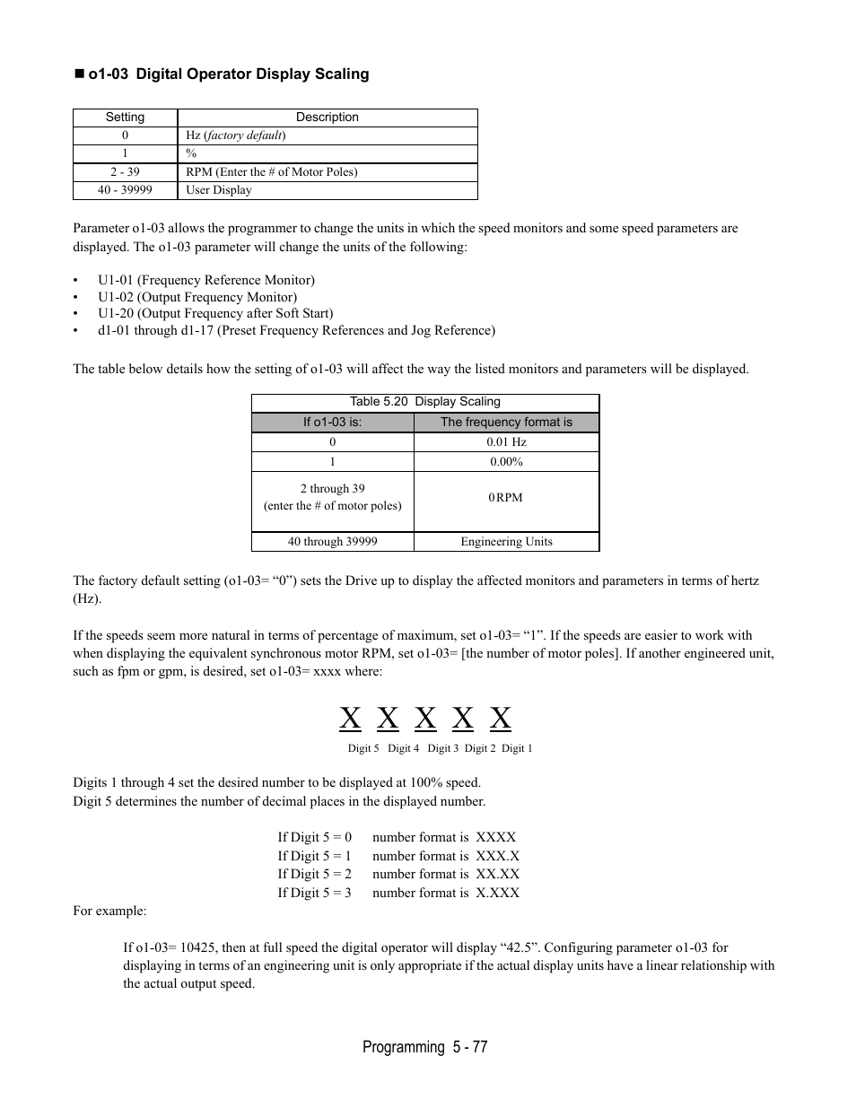 O1-03 digital operator display scaling | Yaskawa E7B Drive Bypass User Manual | Page 171 / 306