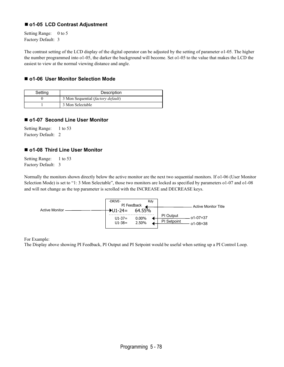 O1-05 lcd contrast adjustment, O1-06 user monitor selection mode, O1-07 second line user monitor | O1-08 third line user monitor, Programming 5 - 78 | Yaskawa E7B Drive Bypass User Manual | Page 172 / 306
