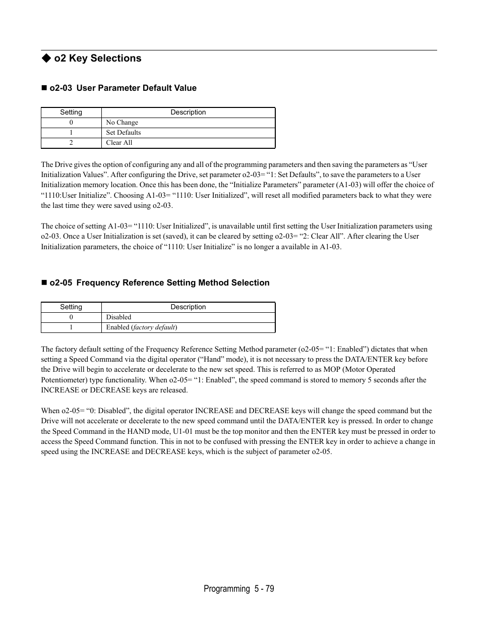 O2 key selections, O2-03 user parameter default value, O2-05 frequency reference setting method selection | Yaskawa E7B Drive Bypass User Manual | Page 173 / 306